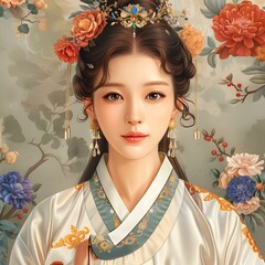 Canvas Print - Elegant Asian Woman in Traditional Hanbok Dress with Flowers