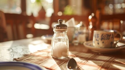 Closeup a glass salt shaker spice on the restaurant table