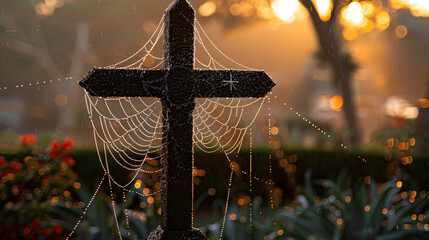 A Christian cross in a tranquil garden at dawn, with dew-covered spider webs catching the early morning light to form a natural golden bokeh that highlights the serenity of the setting.