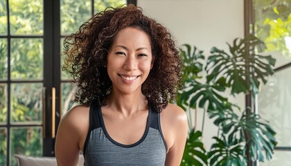 woman with curly hair wearing athletic attire laughs heartily, exuding happiness and confidence 