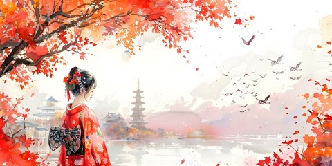 Canvas Print - A woman in a red kimono standing under a tree in autumn