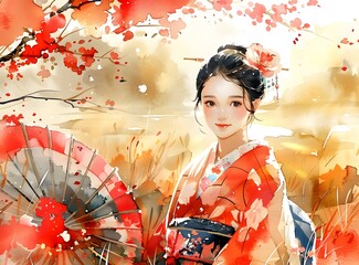 Wall Mural - A beautiful Japanese woman in a red kimono standing in a field of red flowers.