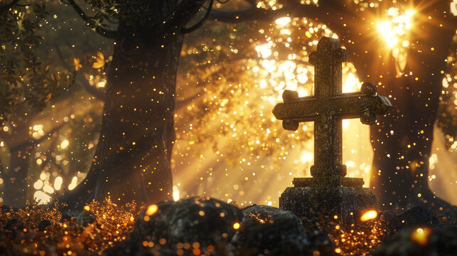 A Christian cross at the entrance to an ancient forest, with sunlight filtering through old trees and creating a beautiful golden bokeh effect, suggesting an entrance to a mystical realm.