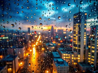 Wall Mural - Rainy cityscape viewed through a window with water droplets, creating a serene blend of urban lights and atmosphere, city, rainy, window, water droplets, urban, lights, serene, atmosphere
