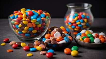 Color Glazed chocolate candy, chocolate Easter eggs, chocolate balls with nut inside, choco pebbles on table top