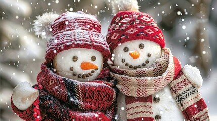 Wall Mural -   A pair of snowmen wearing hats and scarves stand on a snow-covered ground, surrounded by trees