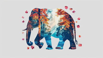 Wall Mural -   An elephant standing amidst autumn leaves in a forest, its trunk raised high
