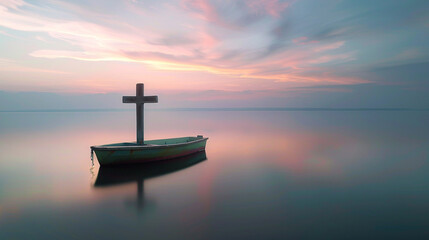 A Christian cross on a small boat floating in the middle of a serene lake during sunset, with the sky and water merging in a palette of soft, peaceful colors.