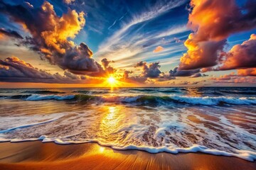 Wall Mural - The sky is filled with clouds and the sun is setting over the ocean