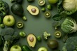 © Straxer - Creative layout healthy organic food concept made of green fruit and vegetables on green background flat lay: avocado, kale, broccoli, Brussels sprouts, kiwi, peppers, apple, cabbage top view.