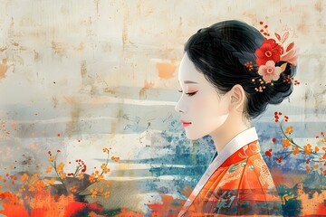 Wall Mural - An illustration of a beautiful Asian woman in traditional Korean dress, with a red and orange background.