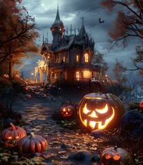 Wall Mural - Haunted house with pumpkins in the front yard