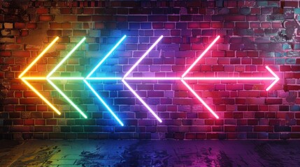 Wall Mural - Bright neon-colored LED arrows on a brick wall background.

