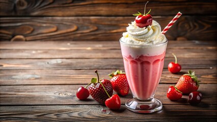A delicious strawberry milkshake topped with whipped cream and a cherry on a wooden table
