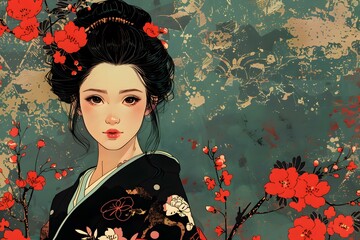 Wall Mural - Beautiful Asian Woman in Traditional Kimono with Cherry Blossom