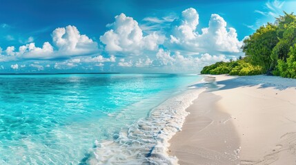 Wall Mural - A beautiful beach with a blue ocean and white clouds in the sky