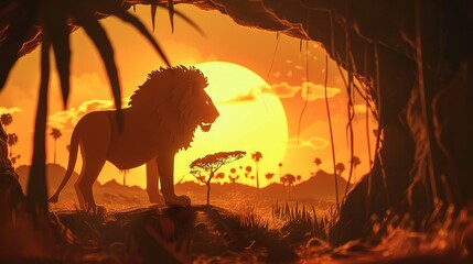 Wall Mural -  A majestic lion statue stands before a stunning sunset with a tree and plant in the foreground