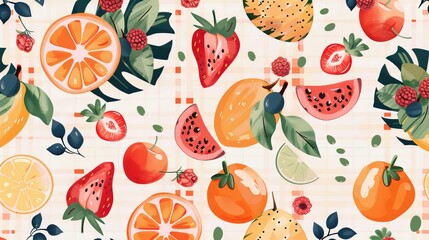 Hand-drawn illustration of a trendy garden picnic featuring a mix of summer fruits, giving off a cute and playful vibe.

