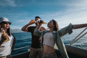 Wall Mural - Group of happy friends enjoying a boat trip on a lake with beers, showcasing relaxation and togetherness during spring vacation.