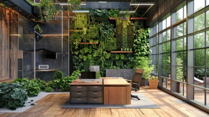 Wall Mural - A 3D illustration of a vertical garden in an office courtyard, promoting urban greenery and sustainability.

