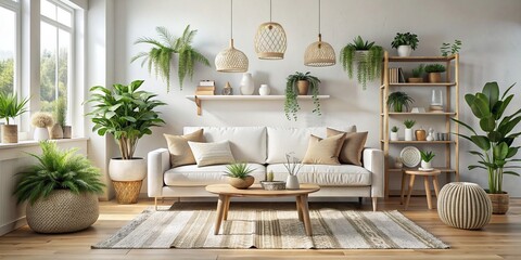 Minimal, modern, elegant, neutral, cozy, white bohemian living room with sofa, plants, and soft earthy colors