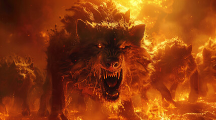 Wall Mural - nightmarish demonic wolves with glowing eyes and flames, intense and terrifying scene