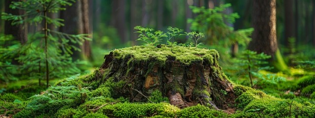 Banner of close-up of a large old spruce stump abundantly overgrown with moss in the forest