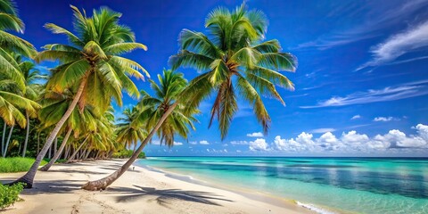 Tropical beach summer background with palm trees, ocean, and clear blue sky