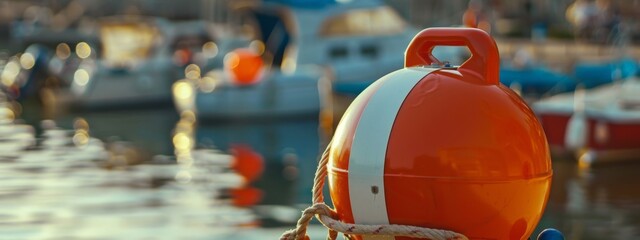 Wall Mural - Banner of Close-up of an orange life buoy with an emergency light for localization on a boat deck with copy space.