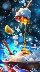 Wall Mural -   A depiction of liquid flowing from a ladle into a dish with a lemonslice positioned above it