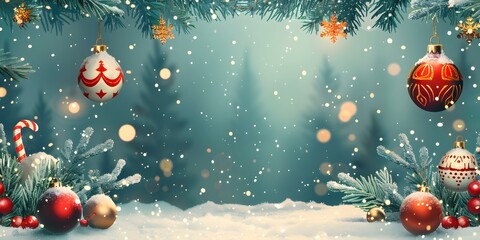 Wall Mural - Christmas background with hanging ornaments and snow-covered fir branches