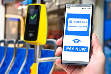 Poster - nfc payment on bus. terminal for accepting non-cash payments. application for paying for travel on y