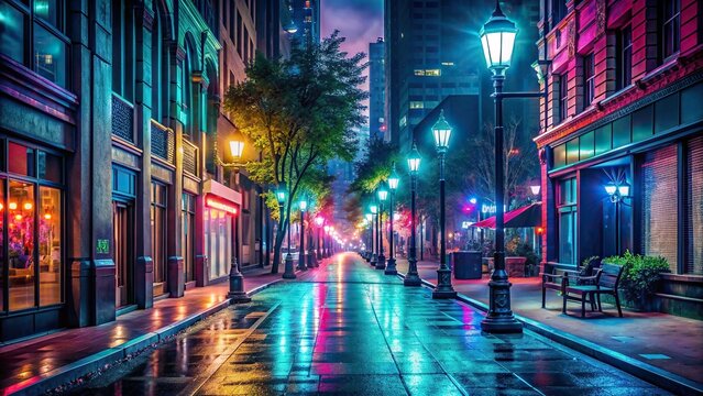 Night city street with glowing neon lights and empty sidewalk , urban, nightlife, urban landscape, dark, cityscape, city lights, evening, downtown, empty street, neon signs, illuminated