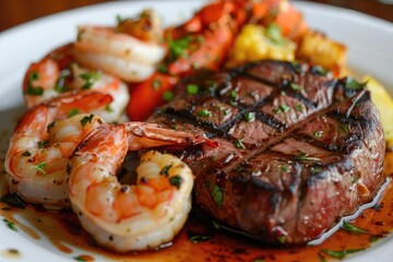 Surf and Turf A luxurious plate of grilled beef steak paired with grilled shrimp or lobster