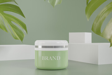 Wall Mural - mock up cosmetic jar for product presentation, cosmetic cream jar on green background. 3d illustration rendering.