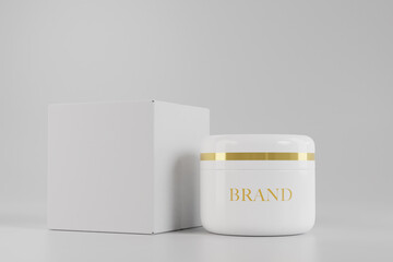 Wall Mural - white mock up cosmetic jar for product presentation, cosmetic cream jar and white box on white background studio light setup, 3d rendering.