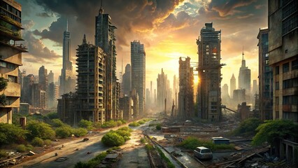 A post-apocalyptic ruined city with destroyed buildings, roads, and skyscrapers