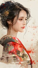 Wall Mural - An illustration of a beautiful Japanese woman in a kimono with a red background