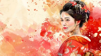 Wall Mural - An illustration of a Japanese woman wearing a kimono with a red background.