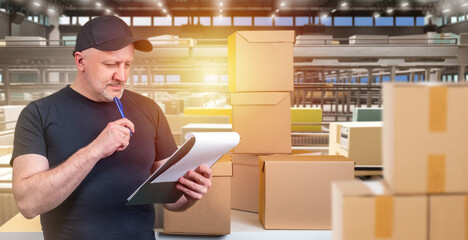 Wall Mural - Businessman in warehouse. Man in hangar with boxes. Warehouse center with conveyors. Businessman thought. Warehouseman holds clipboard in his hands. Storage supervisor conducts audit