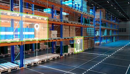 Poster - Futuristic warehouse. Innovation storage. Multi-tiered warehouse racks with goods. Storage is divided into virtual sectors. Futuristic warehouse without people. Logistics center in hangar. 3d image