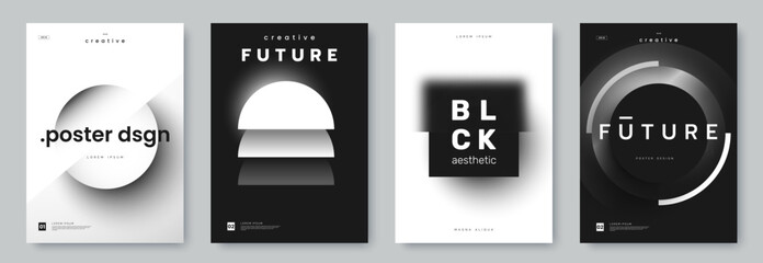 Poster - Black and white aesthetic poster collection. Poster design with minimalistic geometric shapes and dark shadow and light effect. Creative simplicity banners set. Vector illustration