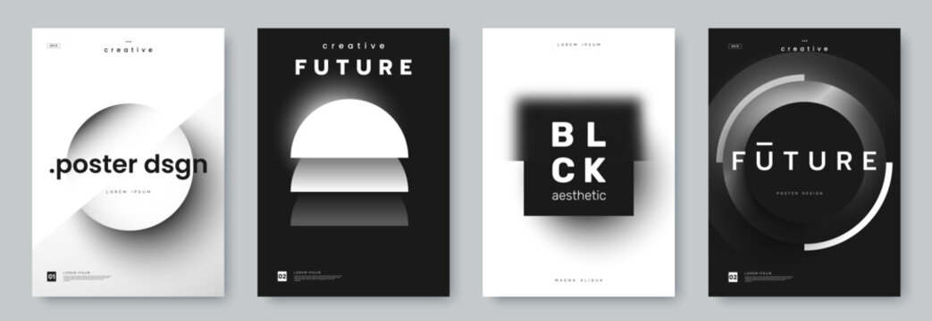 Black and white aesthetic poster collection. Poster design with minimalistic geometric shapes and dark shadow and light effect. Creative simplicity banners set. Vector illustration