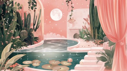 wallpaper with an illustration of a cactus in pastel pink tones