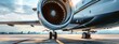 © JovialFox - Banner of Private luxury airplane jet engine close up. Vip airliner at the airport parking lot