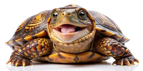 Happy box turtle with a big smile on its face, isolated on white background