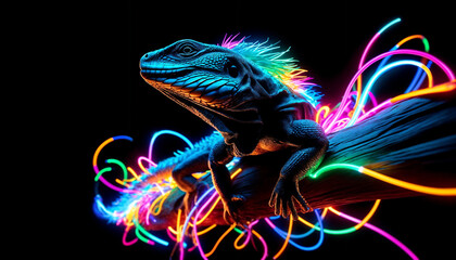 Wall Mural - A Colorful Lizard Perched on a Branch Underneath Neon Lights