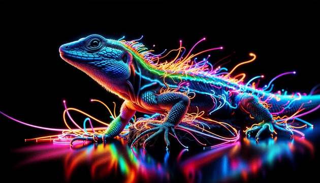 Colorful Lizard With Neon Lights In A Dark Room