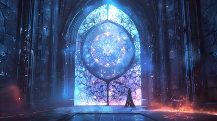 Ornate crystal gate with magical patterns, leading to another dimension