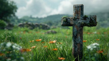 Wooden cross on grass field